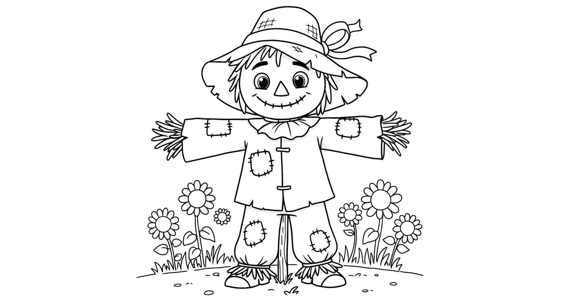 Cheerful Cartoon Scarecrow Character with a Friendly Smile Outline for Children's Autumn Coloring vector