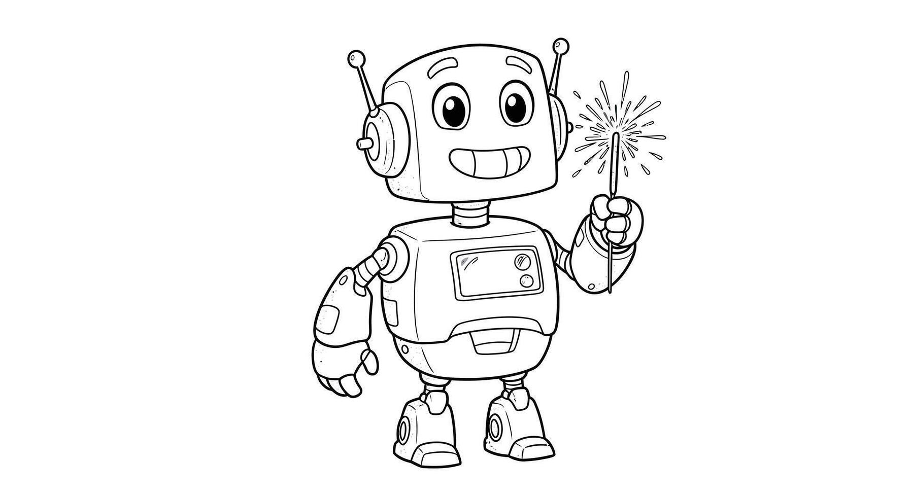 Futuristic Cartoon Robot Character Holding a Sparkler Outline for Children's Celebration Coloring vector