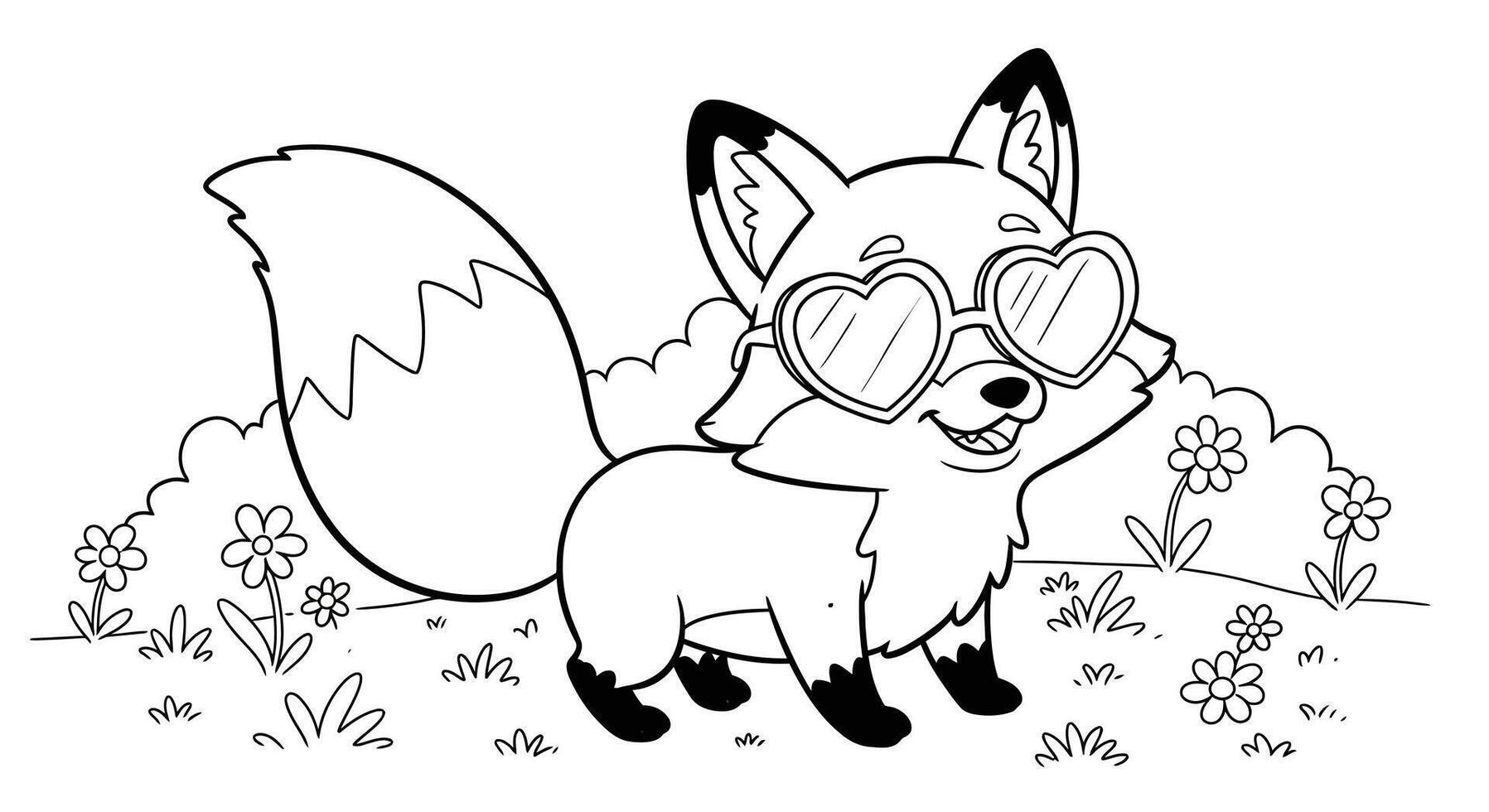 Stylish fox character wears heart-shaped glasses, a cute Valentine's Day coloring page for kids vector