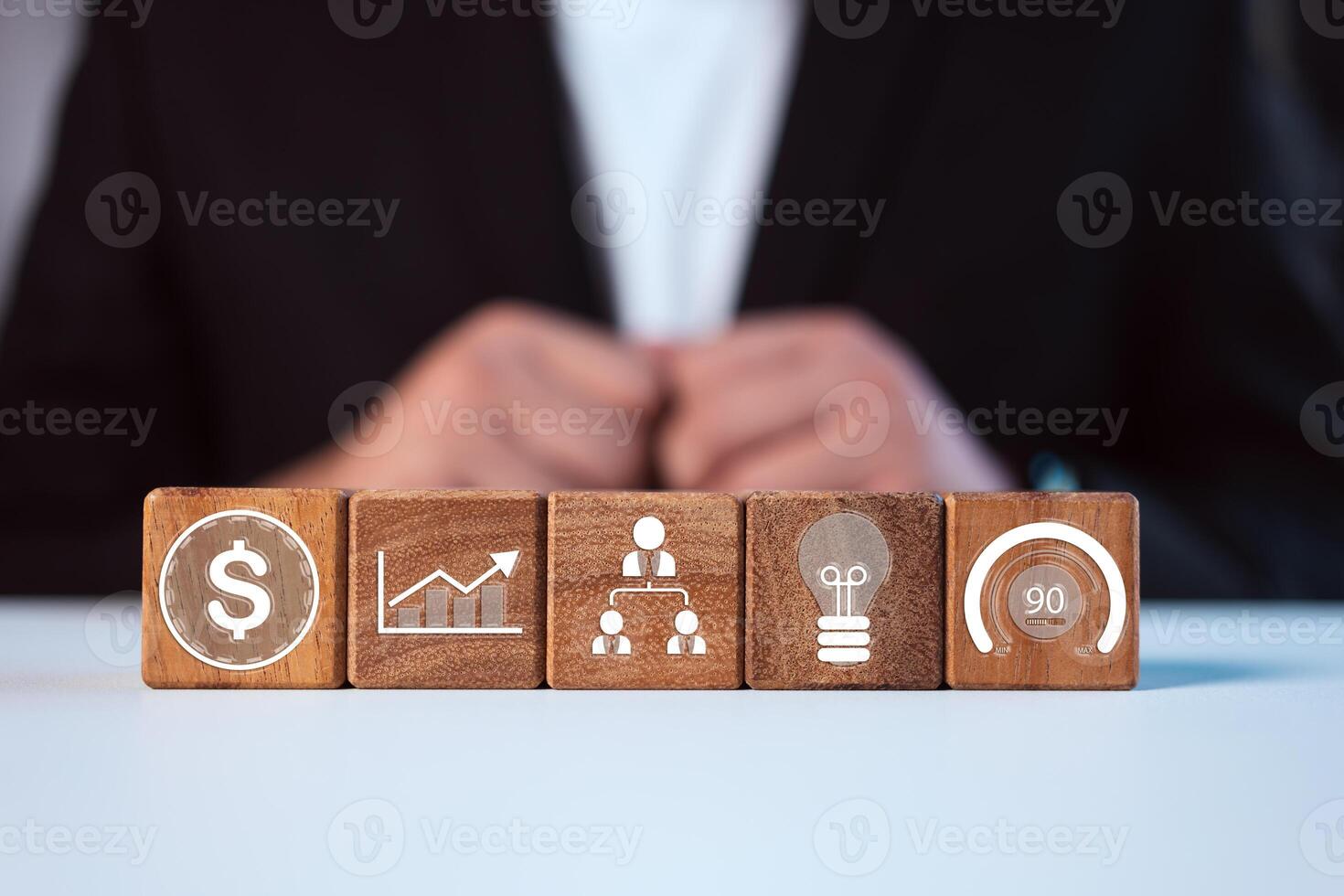 Business performance indicators, Data management system icon on wooden block to make report. photo