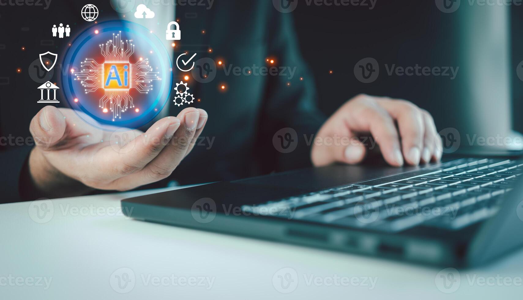 Hand business showing a icon of Ai technology to help work and use computer, AI Learning and artificial intelligence. photo