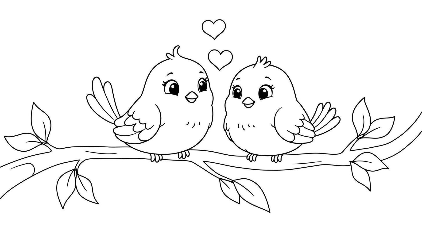 Adorable Cartoon Lovebirds Perched on a Tree Branch Outline for Kids Nature Themed Coloring vector