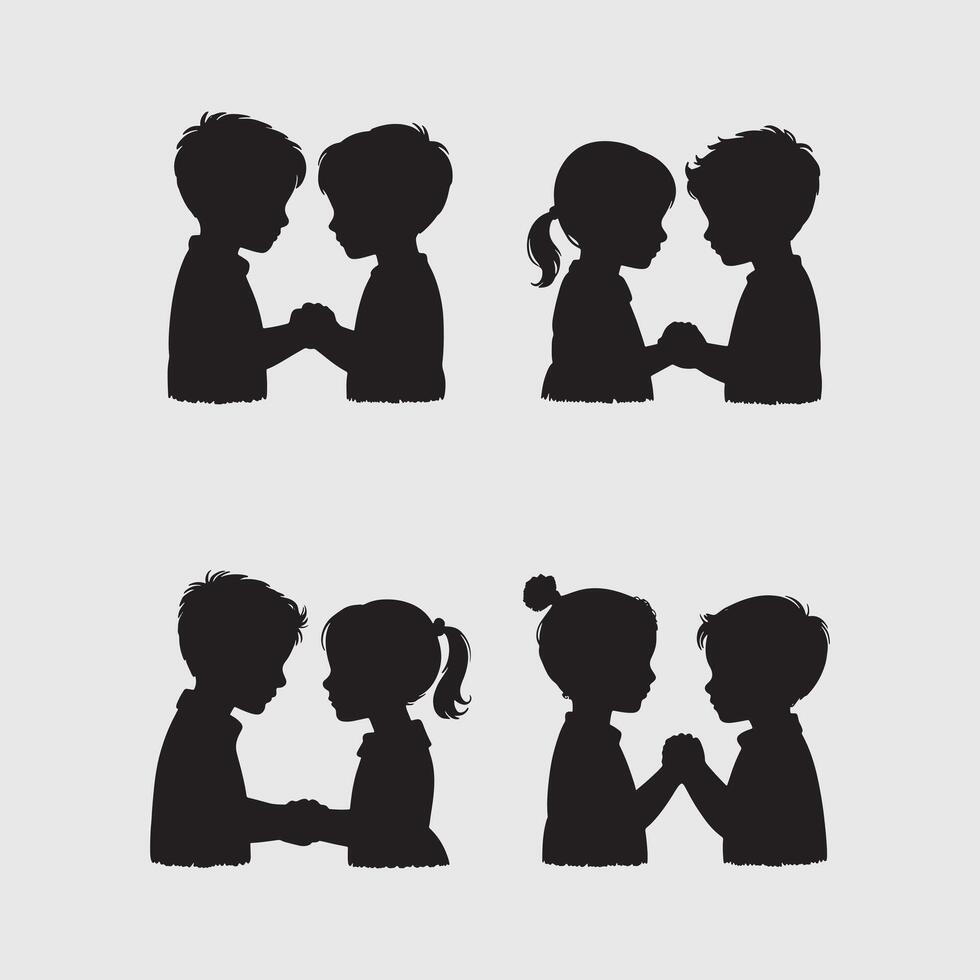 Adorable Kids Couple Silhouette of Holding Hands vector