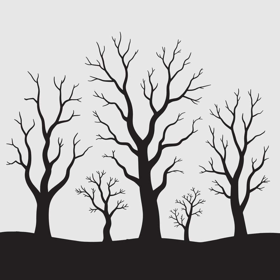 Twisted Bare Trees Silhouetted in a Quiet Forest on White Background vector
