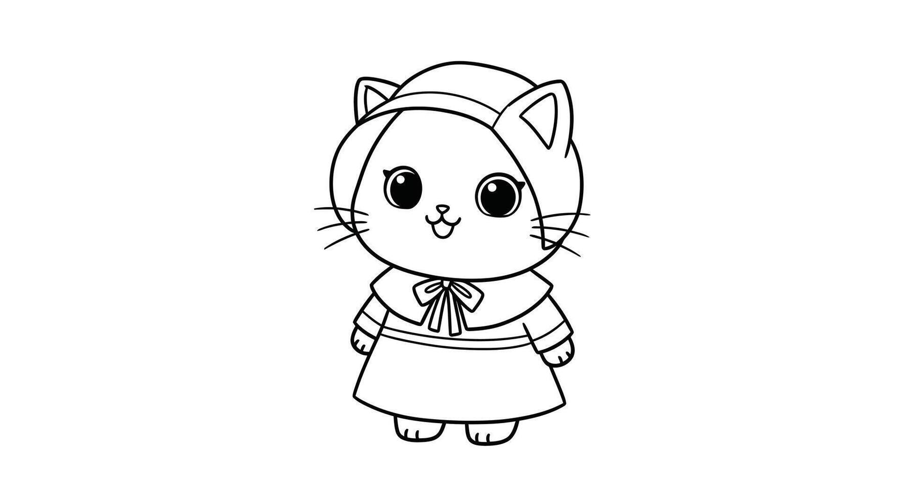 Cute cartoon cat dressed as a Pilgrim with a bonnet, ideal for children's fall holiday coloring book fun vector