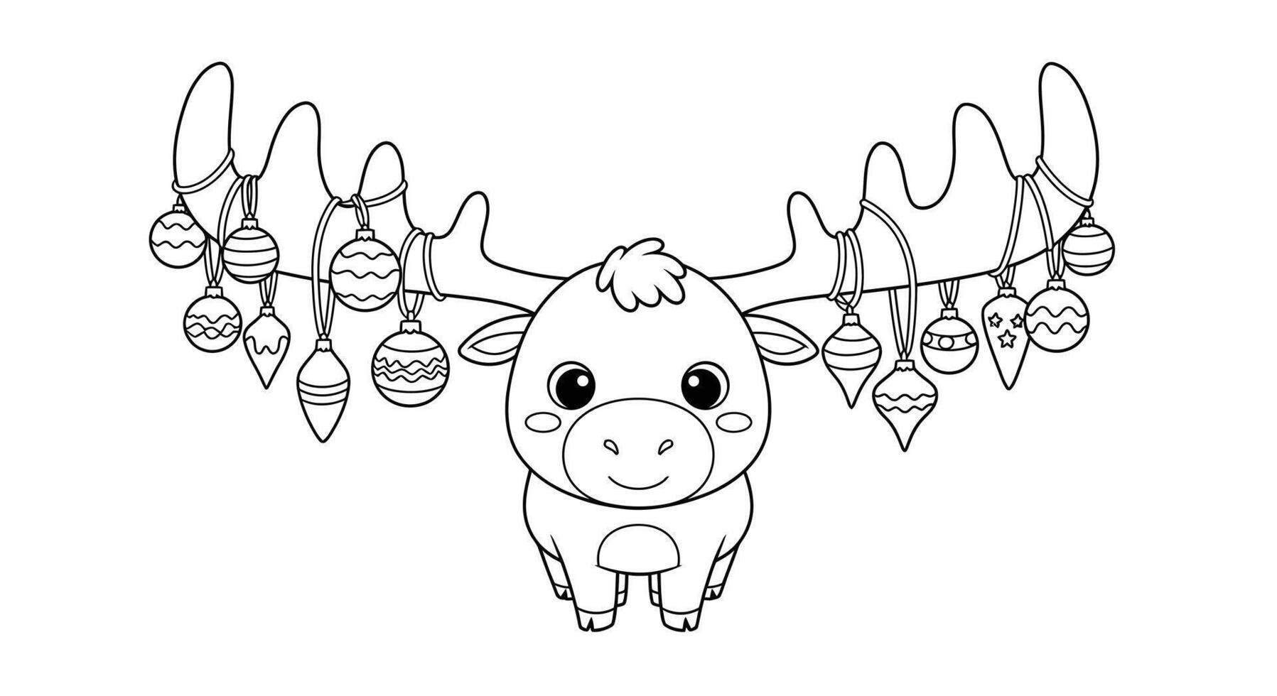 Friendly cartoon style cute Christmas moose character outline drawing perfect for children's holiday coloring vector