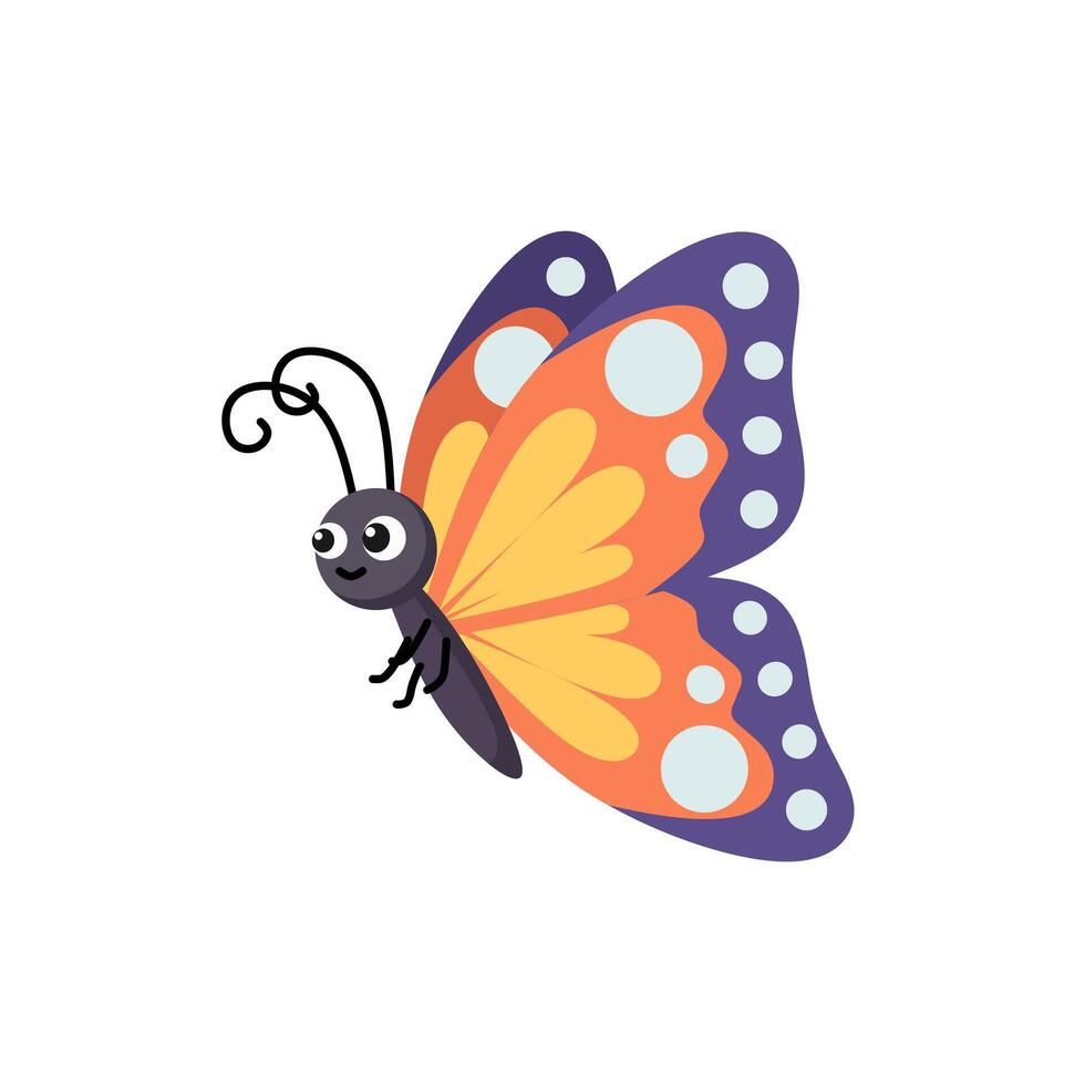 Colorful butterfly with patterned wings and smiling face. Flat cartoon illustration perfect for spring, childrens materials, or cute insect collections vector
