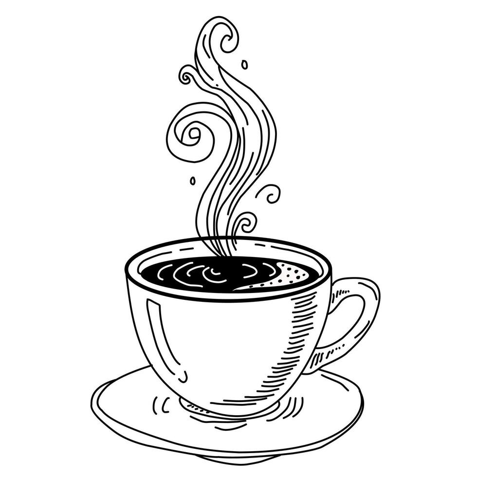 Vintage-style hand-drawn coffee cup with swirling steam. Ideal for cafe branding, retro menu design, or artisanal coffee label with an elegant monochrome look vector