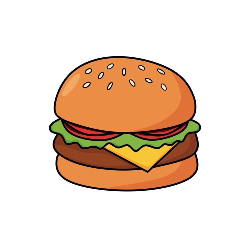 illustration of a cheeseburger with lettuce, tomato, beef patty, and melted cheese in a sesame seed bun. Perfect for fast food designs and icons vector