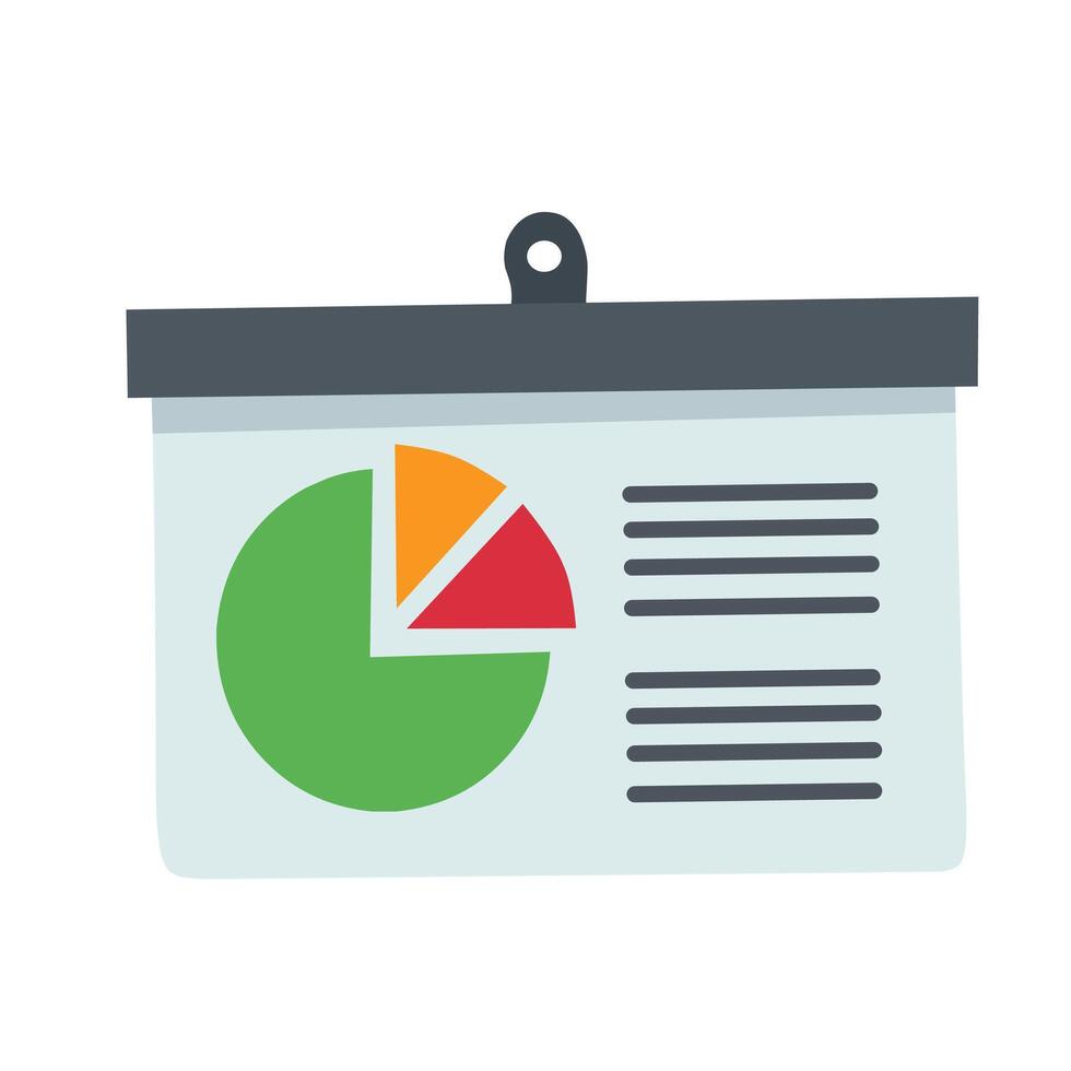 Business report icon with pie chart and text lines representing data analysis, presentation, and statistics. Flat style for financial or business use vector