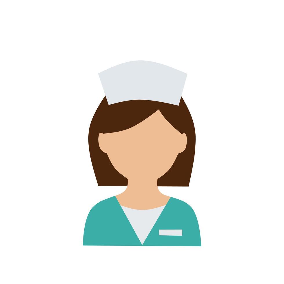 Flat female nurse icon with nurse cap and teal uniform, representing hospital staff and healthcare professionals in nursin vector