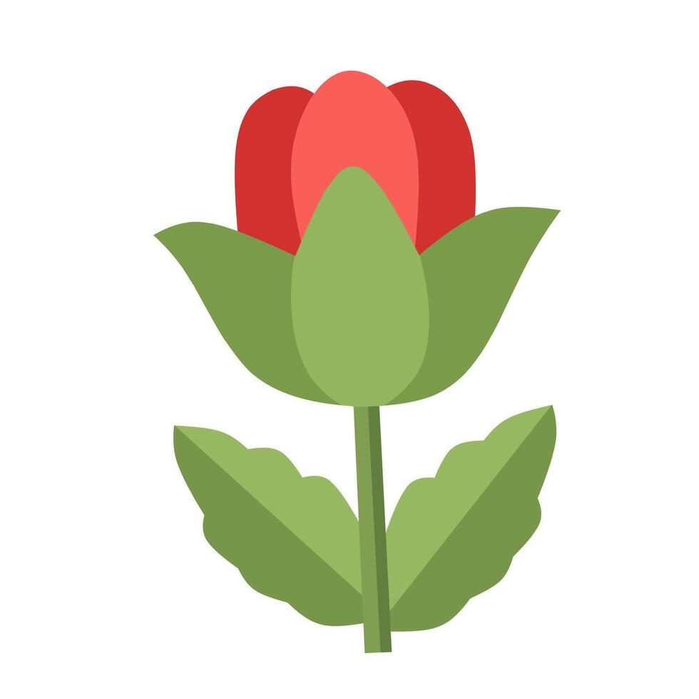 Flat red tulip icon with large green leaves and rounded petals. Minimal floral perfect for botanical designs or spring-themed decorations vector