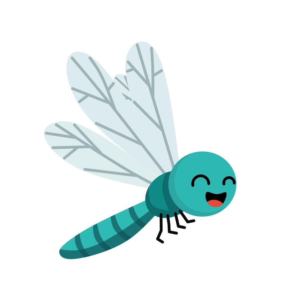 Cute turquoise dragonfly with smiling face and transparent wings. Flat cartoon style, perfect for kids designs, educational materials, or nature illustrations vector