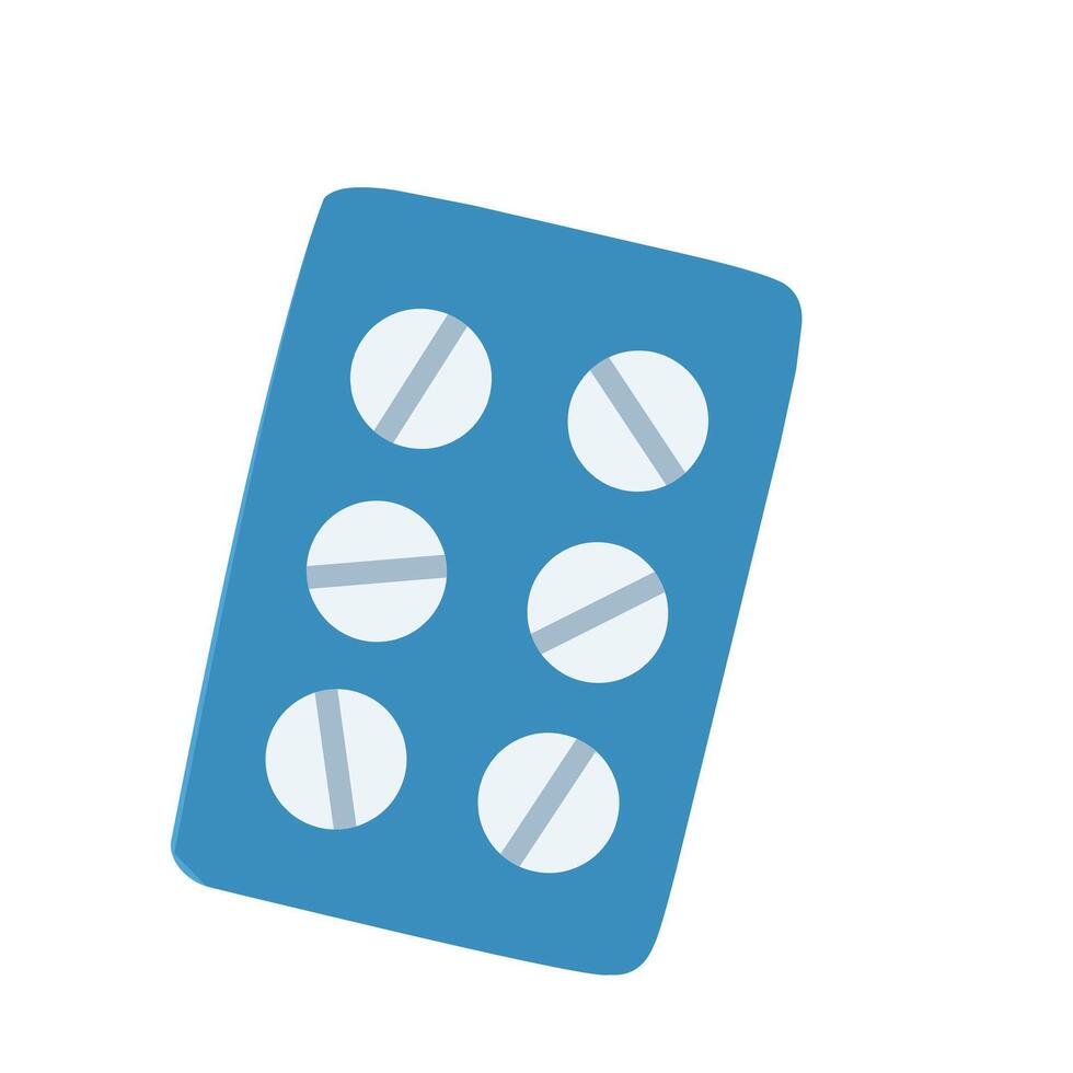 Flat icon of a blue blister pack containing white pills, representing medication and pharmaceutical use vector