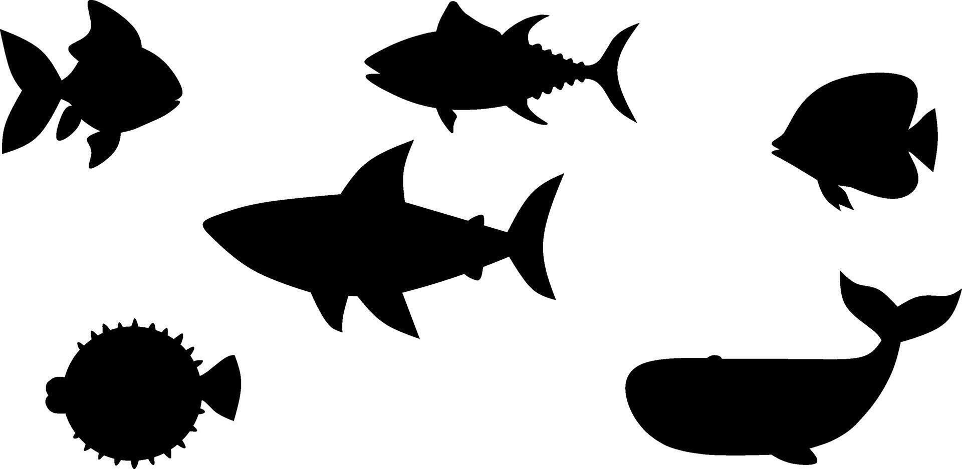 Collection of sea animal silhouettes including fish, shark, whale, pufferfish, and tropical fish. Flat black style. Ideal for marine themes and graphic design projects vector