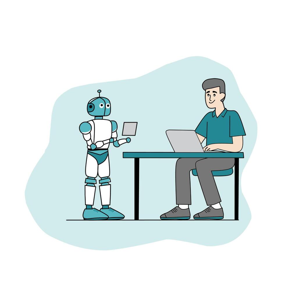 Futuristic illustration of a robot assisting a man working on a laptop. Perfect for AI, human-robot interaction, and modern technology themes vector