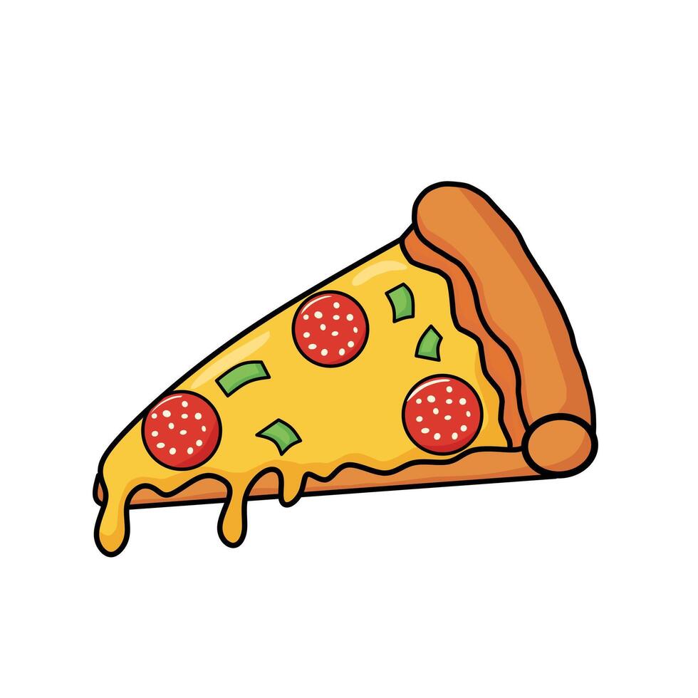 illustration of a slice of pepperoni pizza with melted cheese and herbs. Ideal for food icons, Italian cuisine themes, or fast food menu designs vector