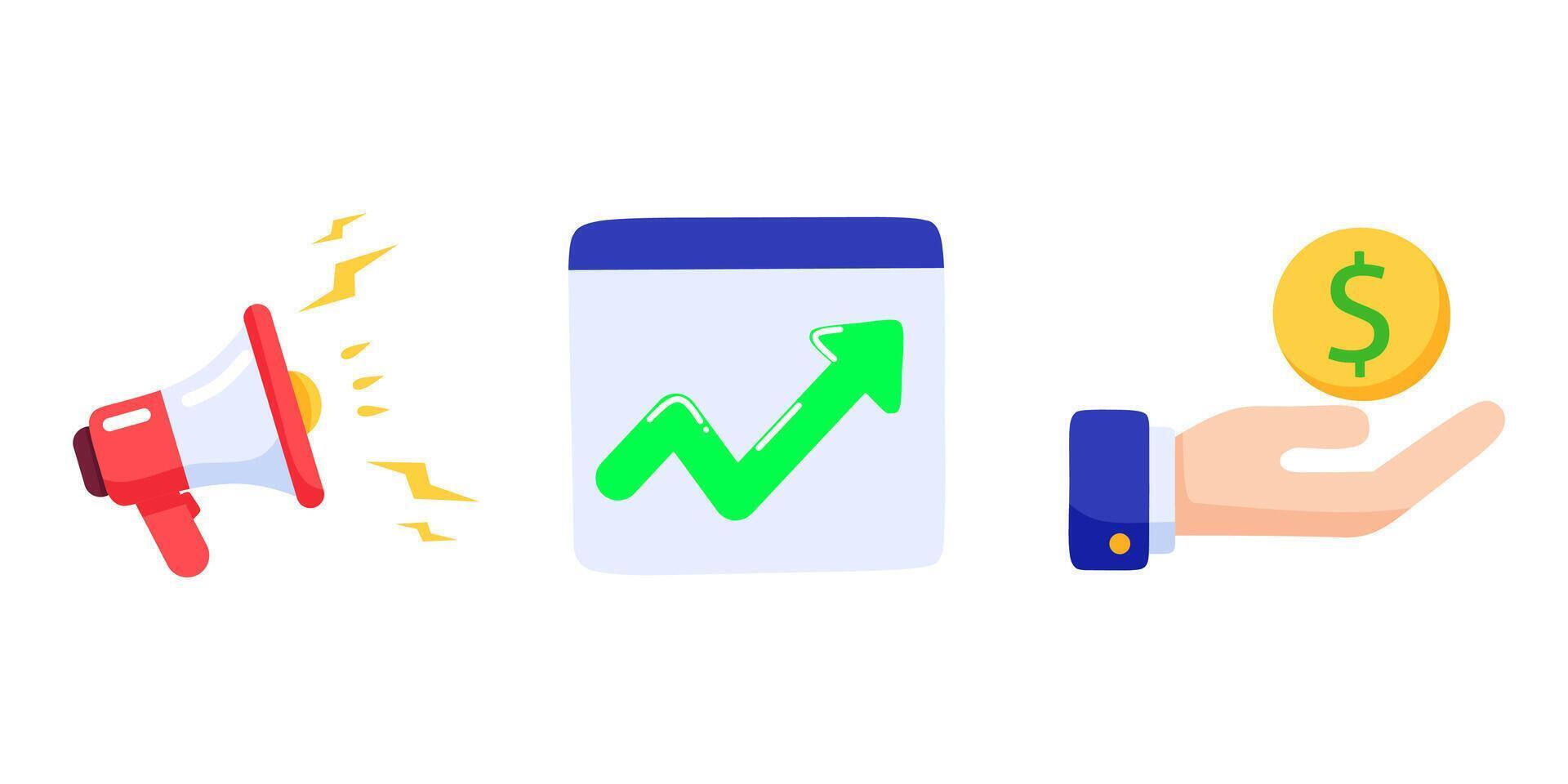 Business icon set with megaphone, growth chart, and hand holding coin. Represents marketing, analytics, and finance. Flat modern illustration vector