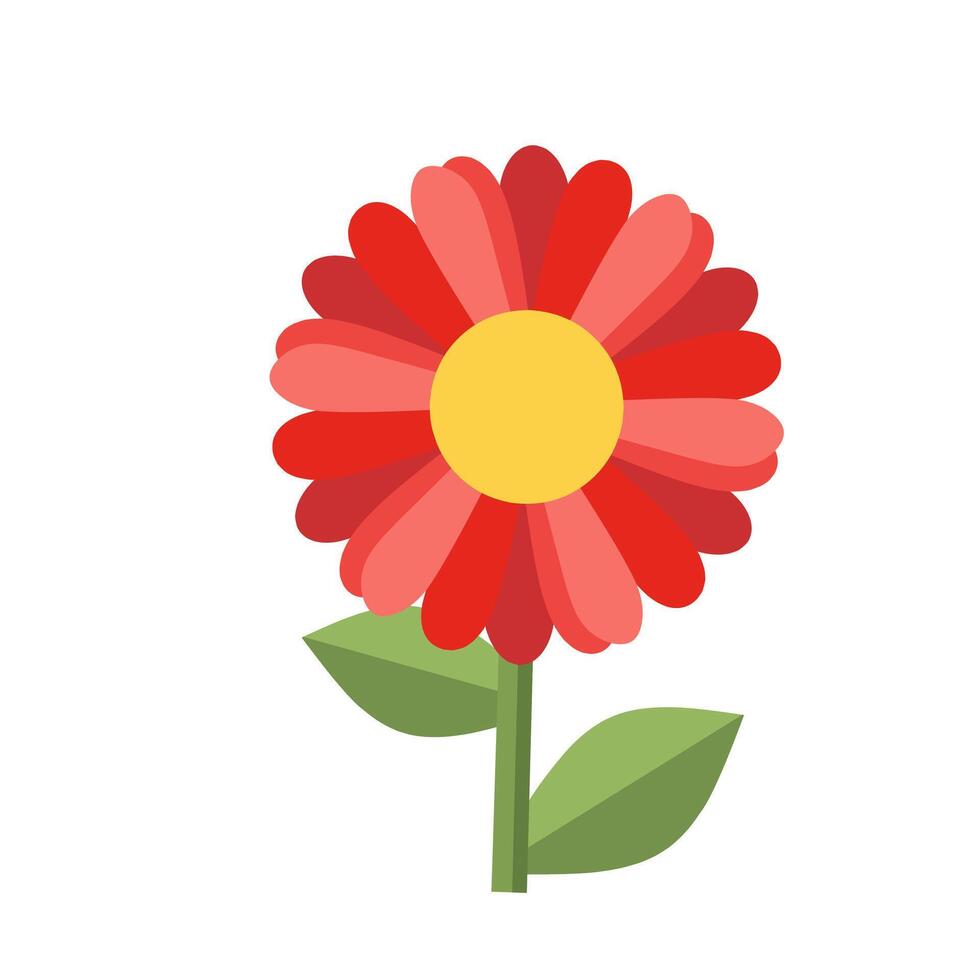 Red daisy-like flower with symmetrical petals and a vibrant yellow center. Flat design with green stem and small leaves for cheerful spring visuals vector