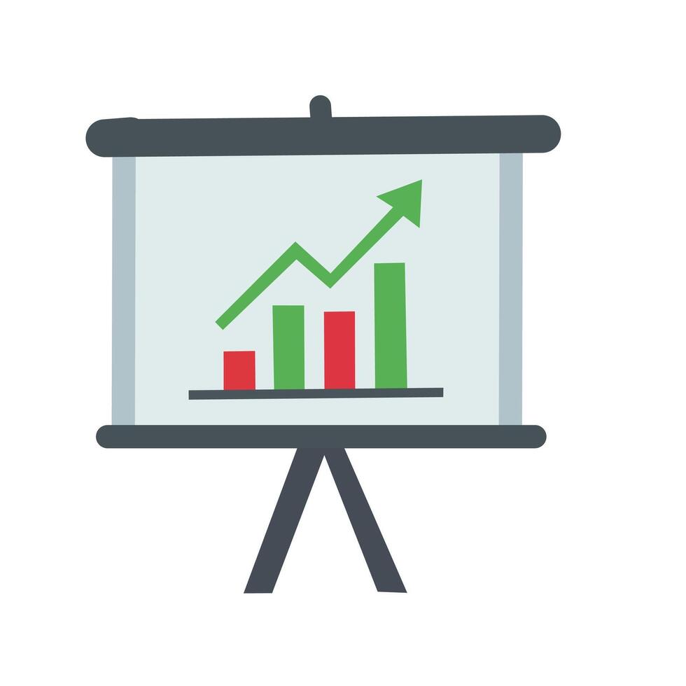 icon of a business presentation board with bar chart and arrow, representing growth, planning, and performance analysis vector