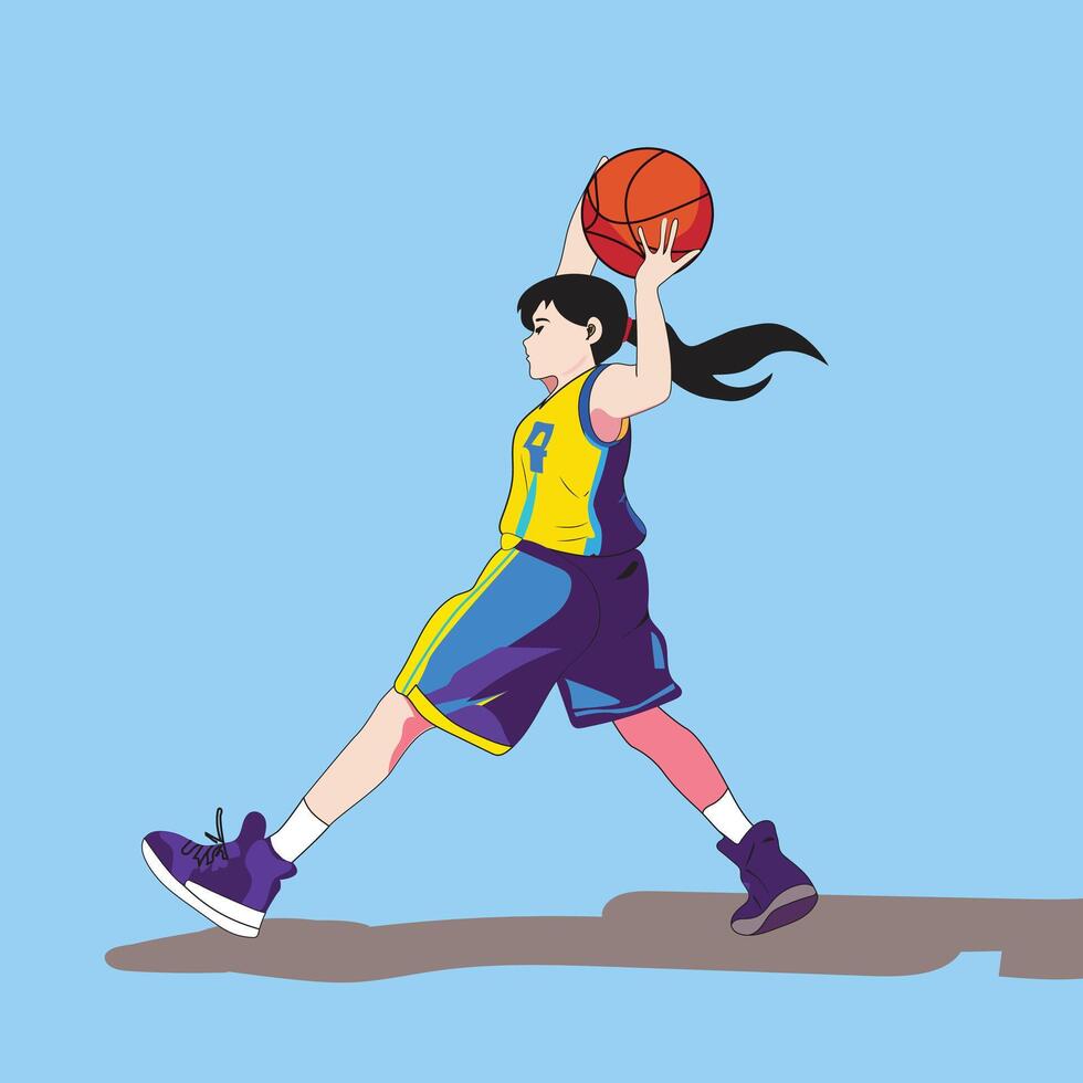 A girl is hitting a basketball over her head. vector