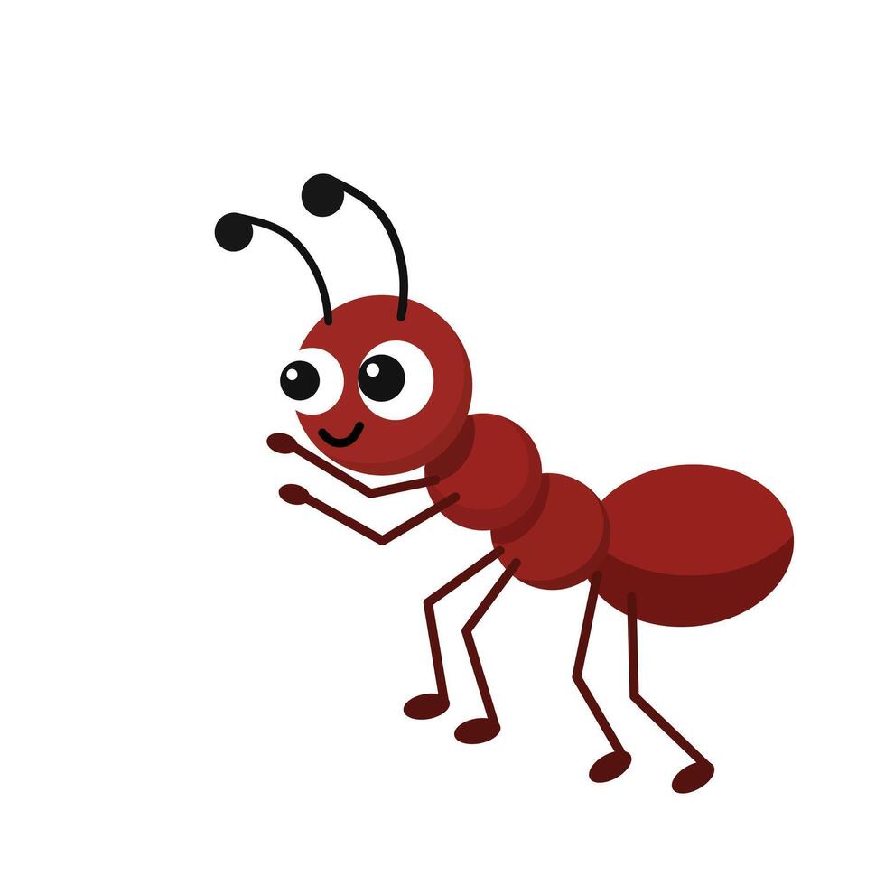 Red cartoon ant with big eyes and six legs, smiling cheerfully. Simple flat perfect for children projects, books, or bug themed designs vector