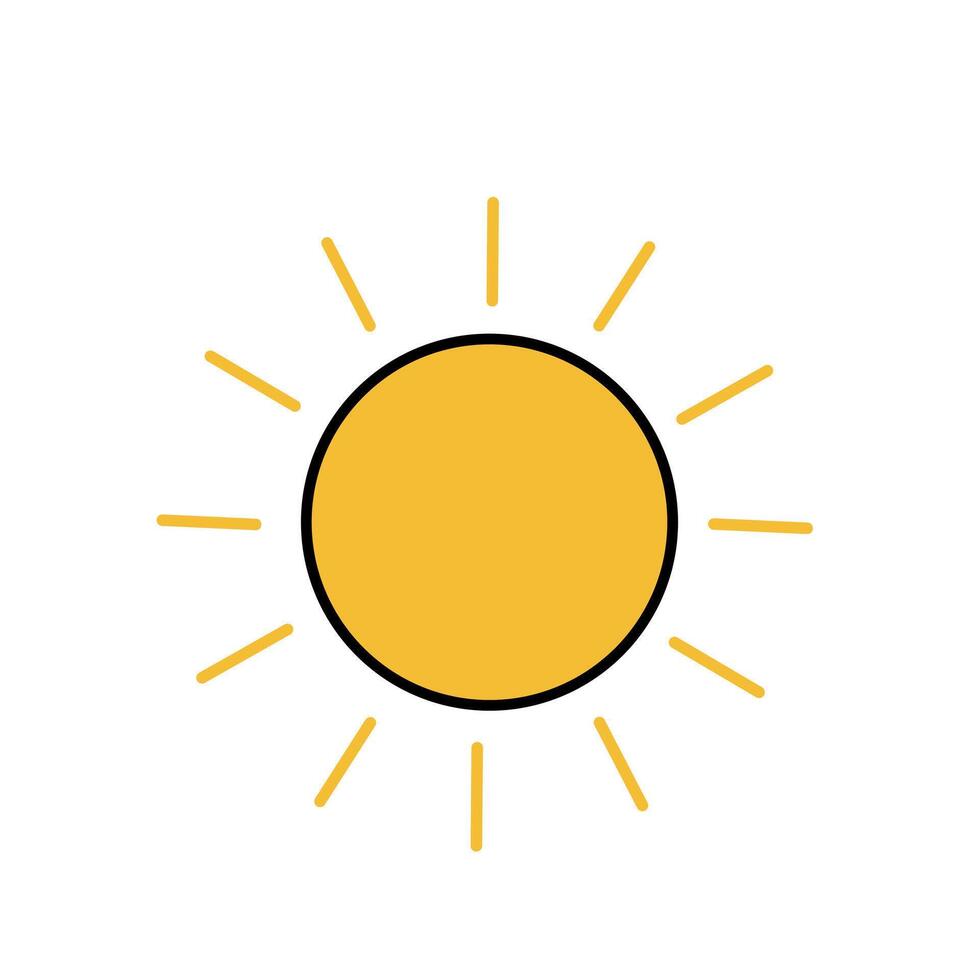 Flat icon of a bright yellow sun with rays, symbolizing sunny weather and daylight. Simple and colorful illustration for weather or nature design concept vector