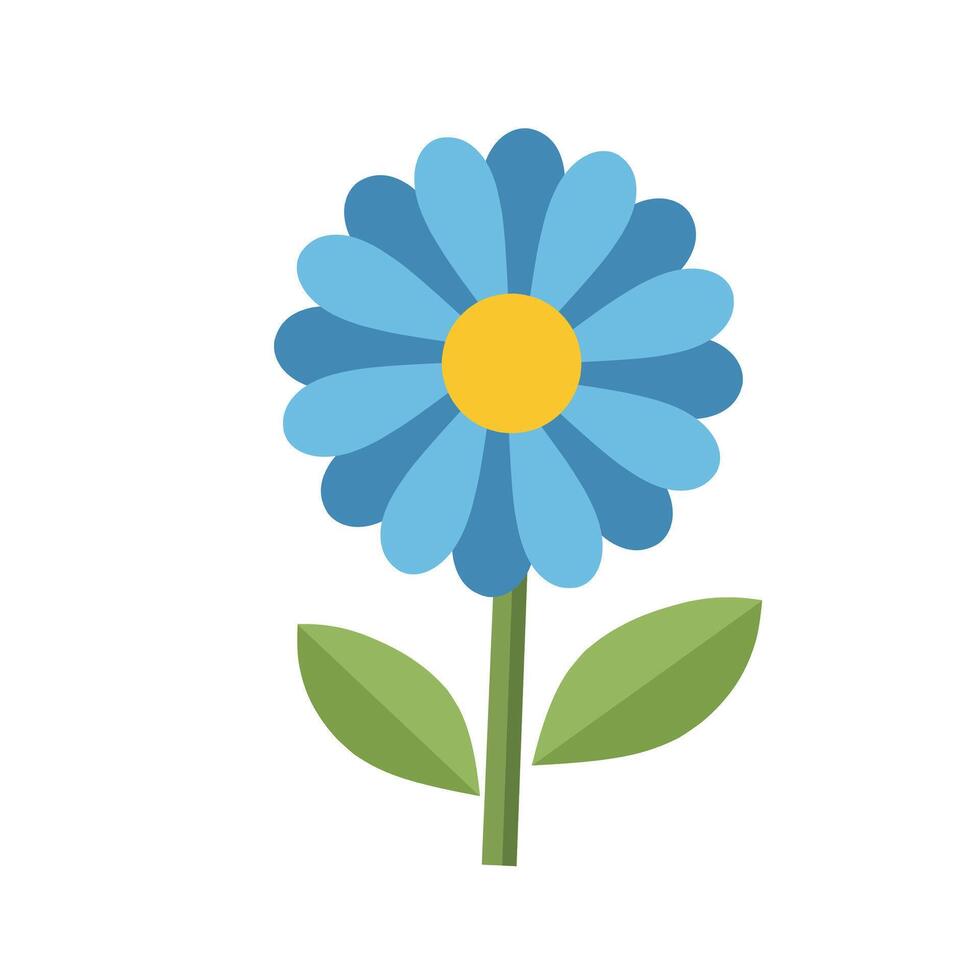 Blue daisy-style flower with yellow center and green stem. Clean, minimal for nature or garden illustrations vector