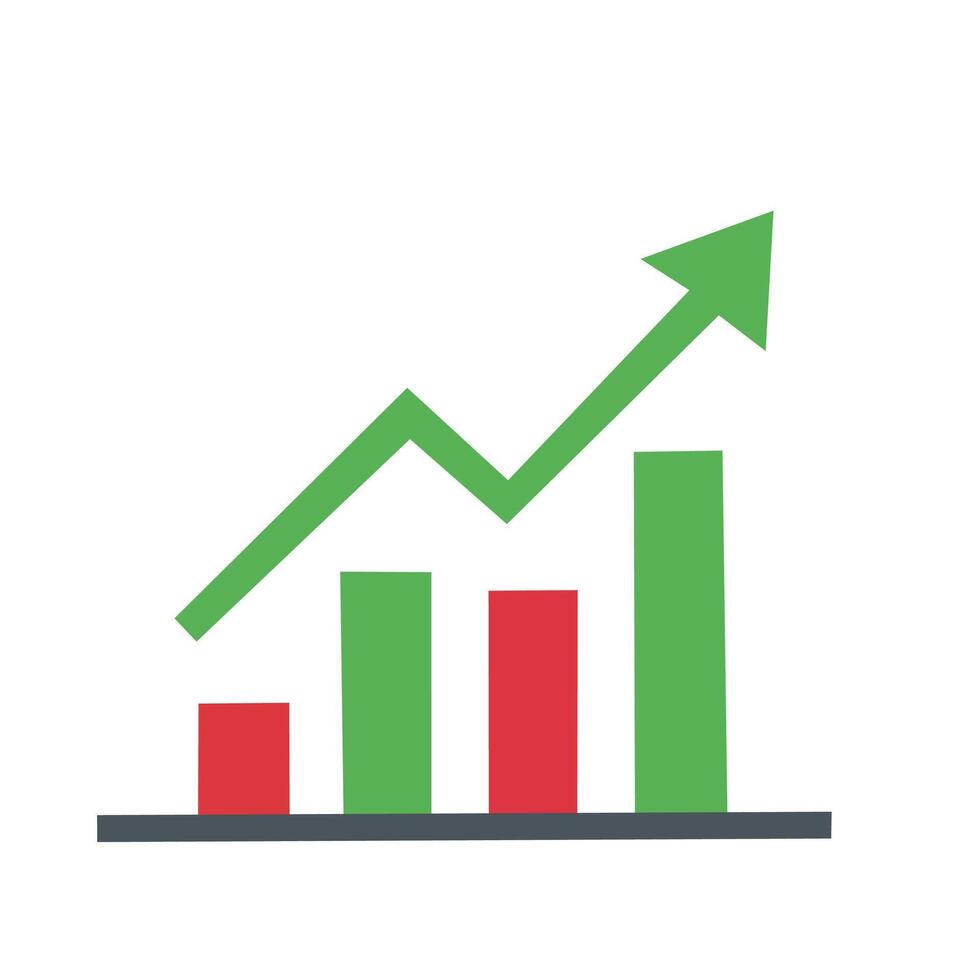 Flat icon of a bar graph with upward arrow, symbolizing growth, success, and positive financial performance vector