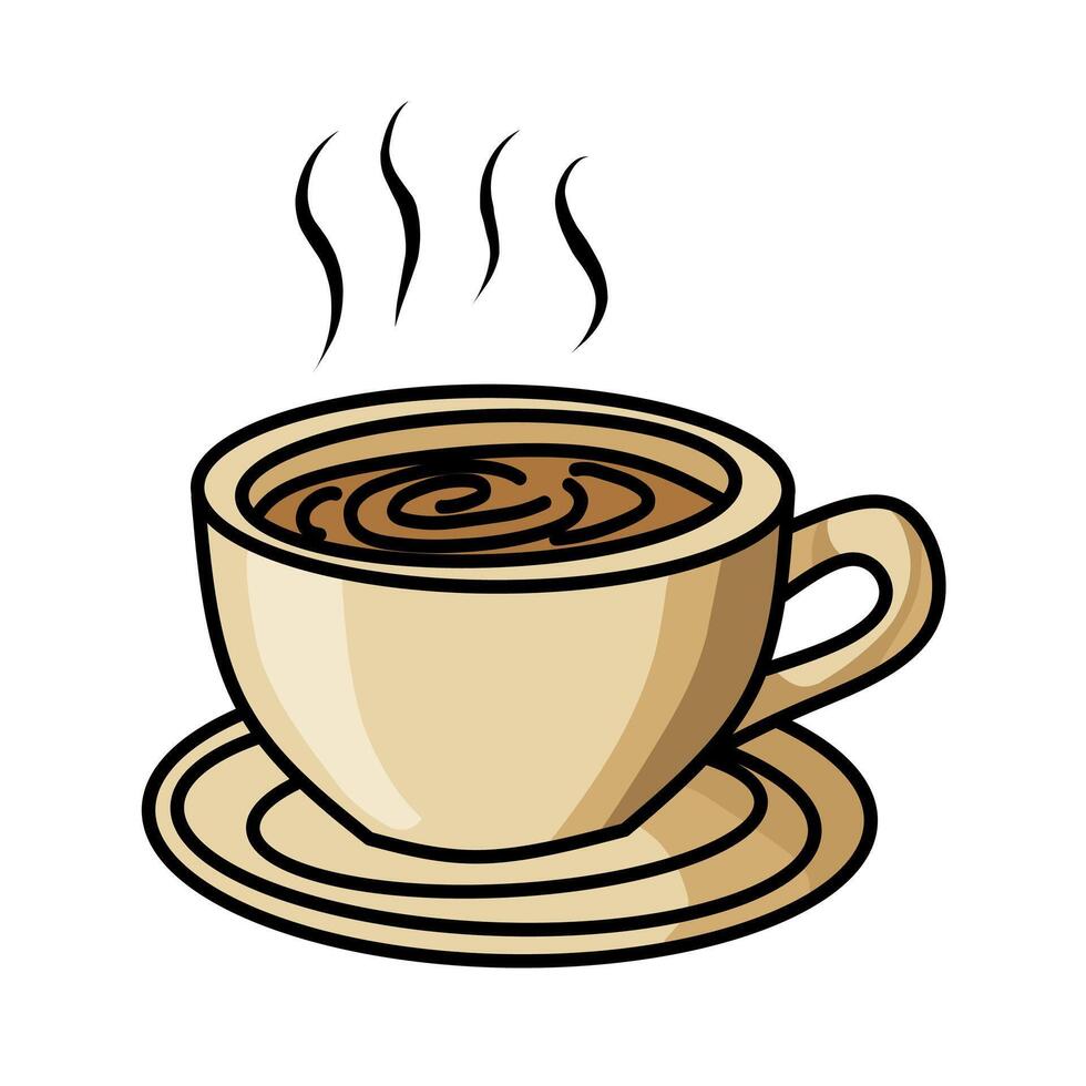 illustration of a cartoon-style coffee cup with a saucer and steam. Perfect for cafe designs, breakfast visuals, and hot beverage-themed graphics. vector