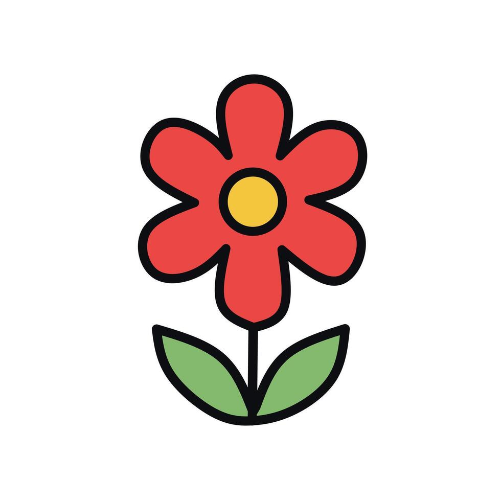 Flat icon of a red flower with green leaves, symbolizing beauty, growth, and nature. Suitable for spring designs, gardening themes, and floral elements vector