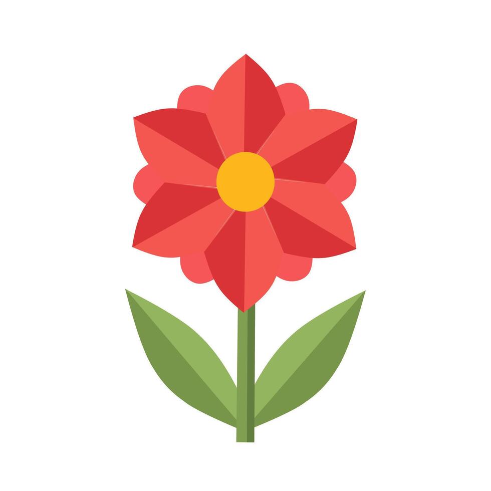 Red flower with layered pointed petals and a yellow center in flat style. Decorative spring bloom with green leaves and simple stem design vector