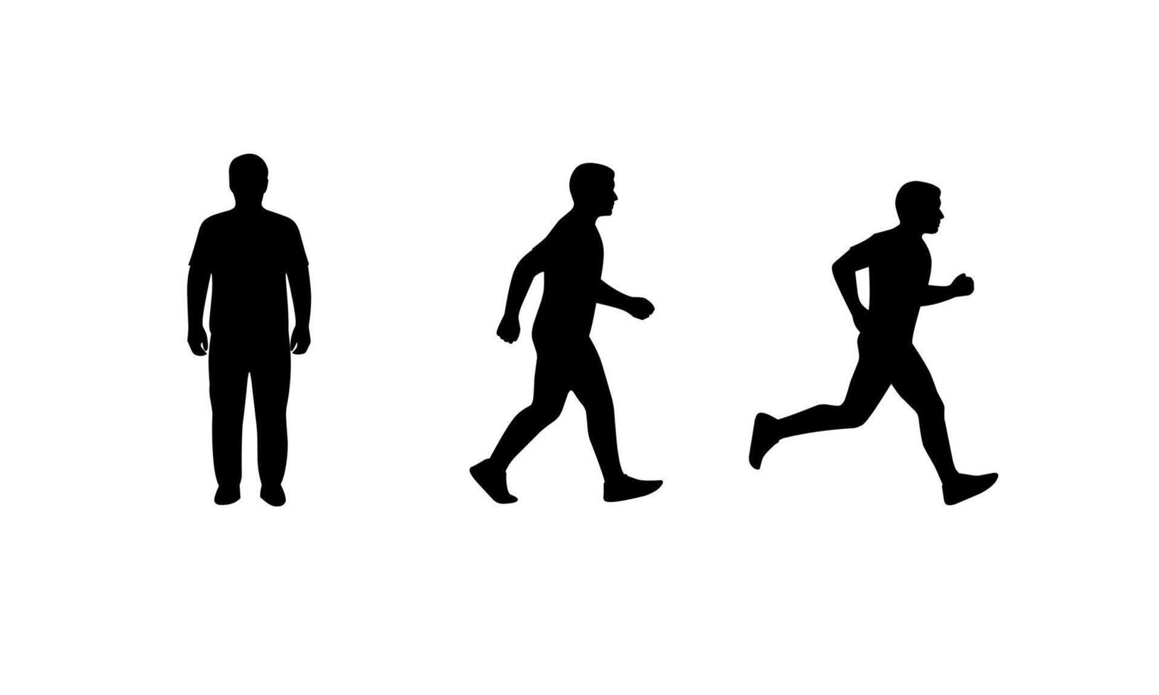 Silhouette of a man in three stages standing, walking, and running. Represents movement, fitness, and progress. Ideal for sports, health, or lifestyle themes vector