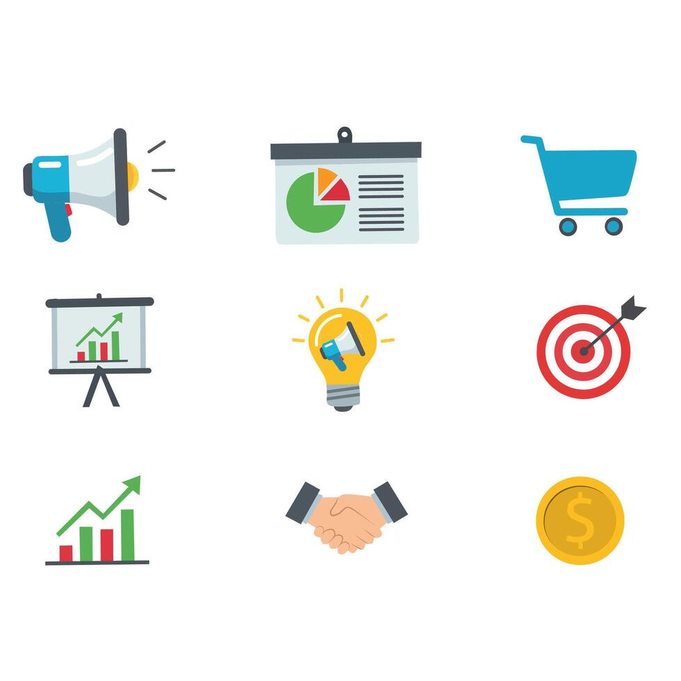 Set of flat business and marketing icons including megaphone, chart, shopping cart, lightbulb, handshake, target, and money coin. Colorful for finance and advertising design vector