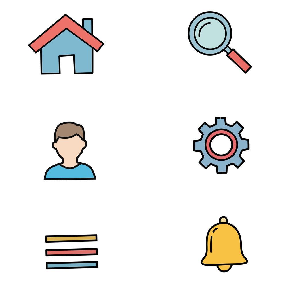 Flat style icon set featuring home, search, user profile, settings, menu, and notification bell symbols. Perfect for user interfaces, mobile apps, websites, or digital dashboards vector