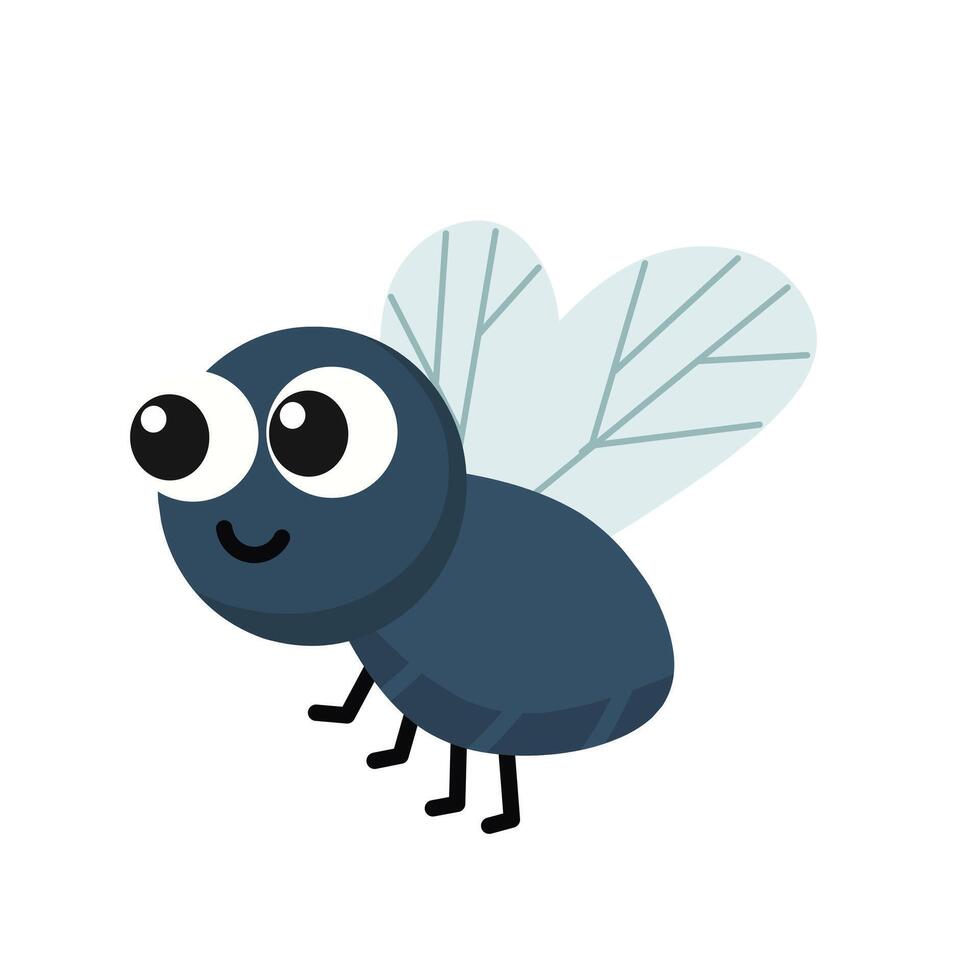 Cute cartoon fly with big eyes, tiny legs, and translucent wings. Fun flat design for insect collections, kids content, or educational use vector