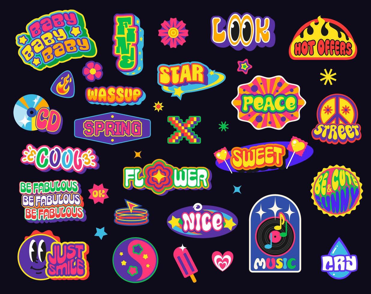 Y2k retro funky groovy stickers patch labels vector