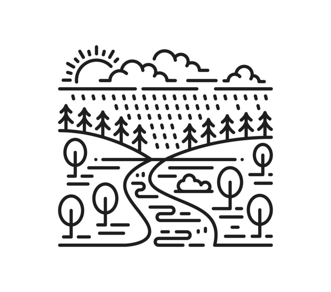 Landscape line icon, mountains, river and forest vector