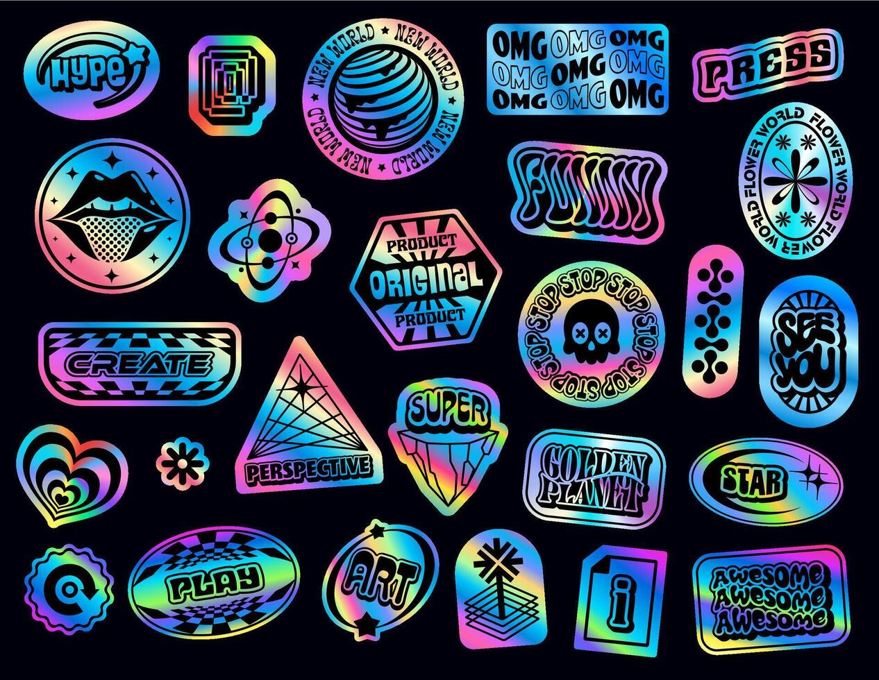 Hologram y2k stickers, iridescent holograph labels vector