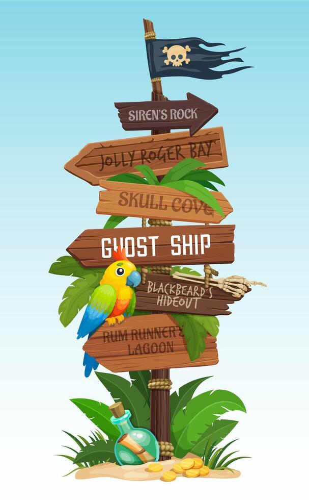 Cartoon pirate wooden signboard, corsairs signage vector