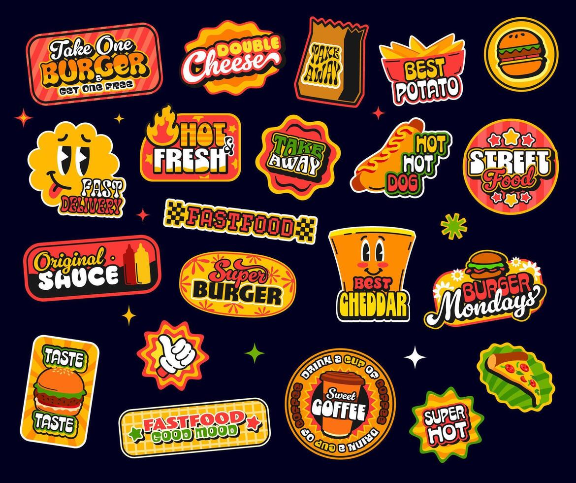 Takeaway fast food groovy y2k stickers and labels vector