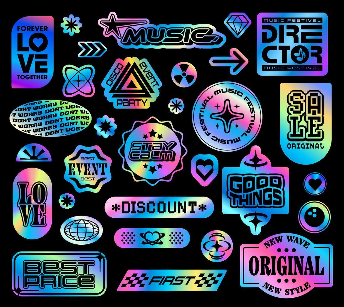 Hologram iridescent y2k groovy patch stickers vector