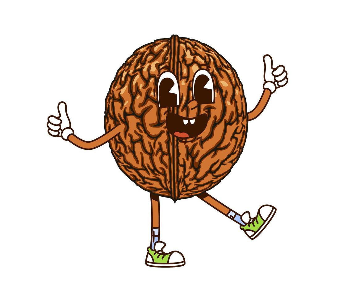 Cartoon groovy walnut nut character, funny face vector
