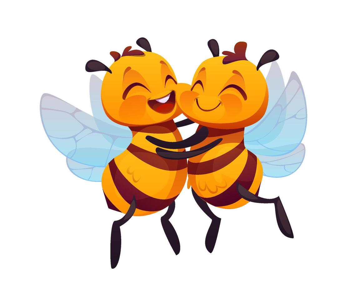 Flying and hugging honey bees happy characters vector