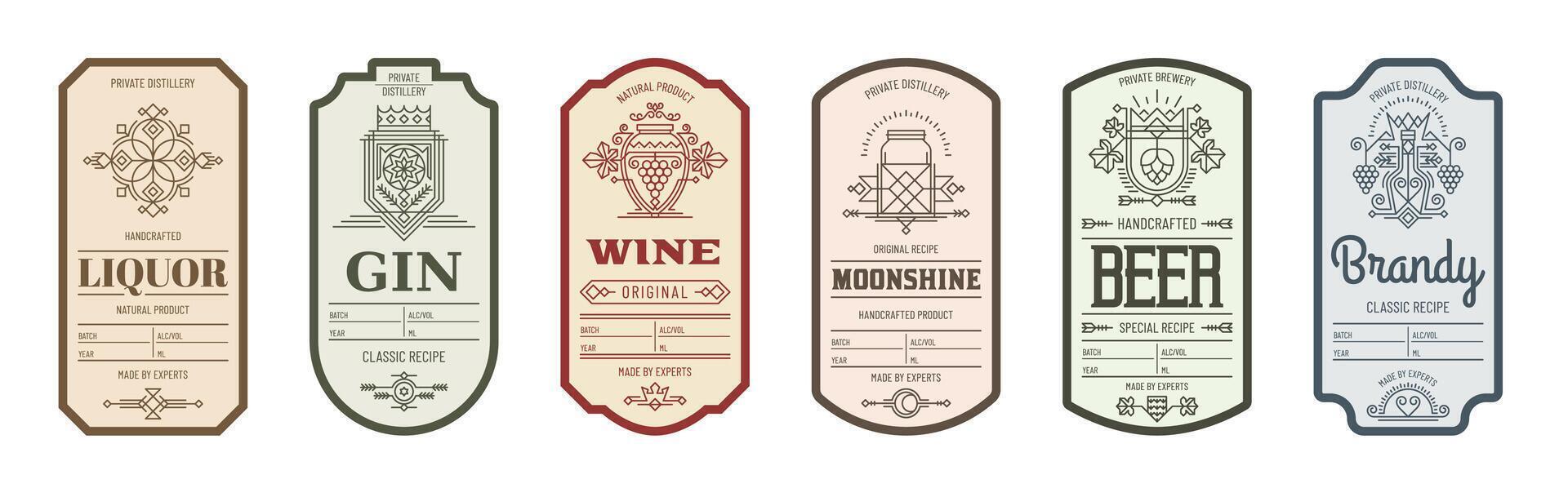 Alcohol drink bottle labels with line patterns vector