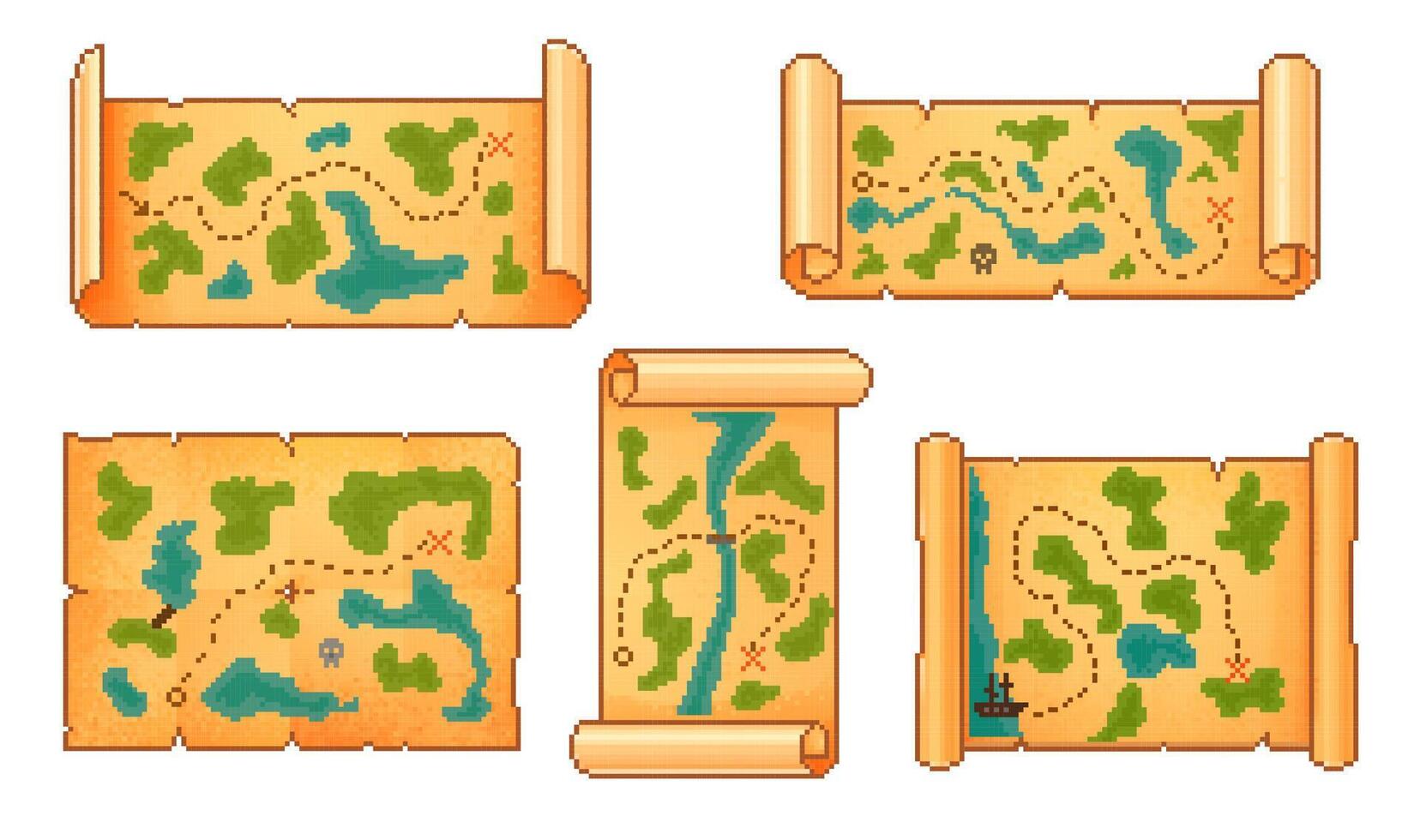 8 Bit pixel art ancient pirate treasure maps set vector
