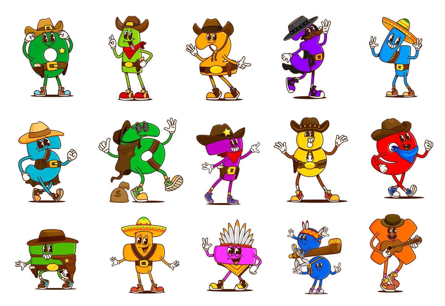 Cartoon groovy math number cowboy characters vector
