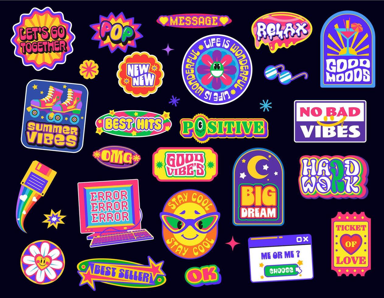 Y2k hippie groovy stickers, retro patch labels vector