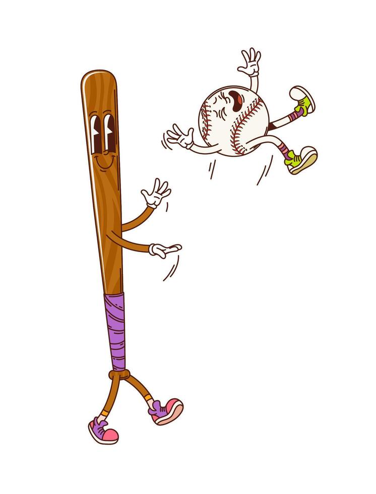 Baseball bat and ball sport groovy cute character vector