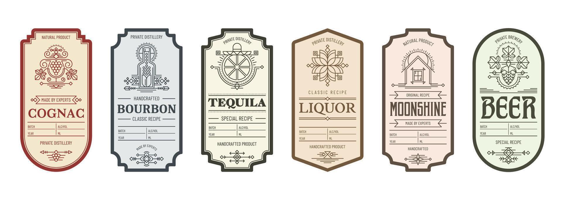 Alcohol label templates for beer, tequila, bourbon vector